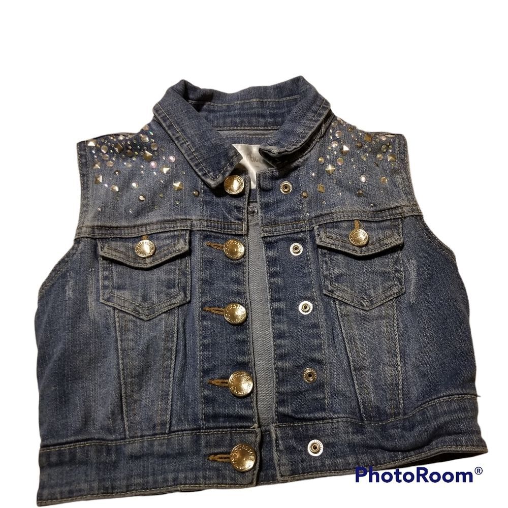 Justice Studded Denim Jean Kids Girls Vest Sleeveless Rhinestones Size 6/7